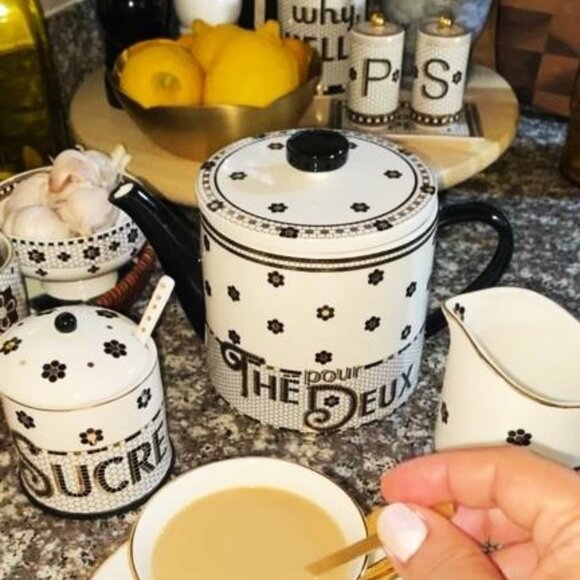 Anthropologie Bistro Tile Decaled Stoneware Sugar Bowl Pot 3 Pcs Set New - Picture 7 of 7